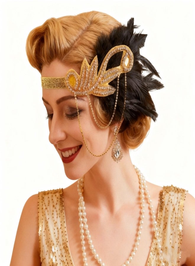 Tongcloud 1920s Flapper Feather Headband with Rhinestones Beaded Great Gatsby Headpiece for Women Showgirl Halloween Cosplay Party (Gold, Medium) - Image 1